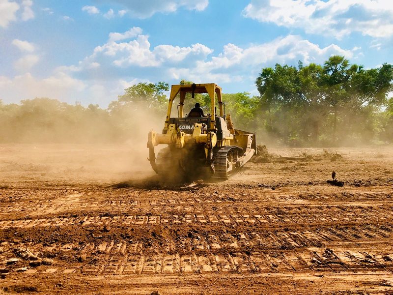 Yellow bulldozer pushing soil across a dusty cleared field, with trees at the edge