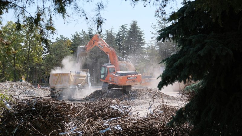 Orange excavator loading debris into a dump truck at a wooded site, with cleared brush piled in front